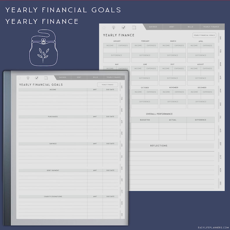 May include: A digital planner page titled Yearly Financial Goals with sections for income, purchases, savings, debt payment, and charity. A second page titled Yearly Finance displays monthly income, expenses, and difference columns.