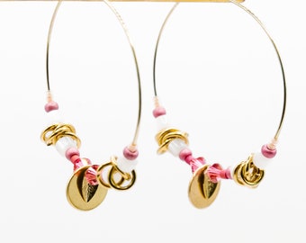 Bonnie earrings: hoops, stainless steel, mother-of-pearl, fuchsia
