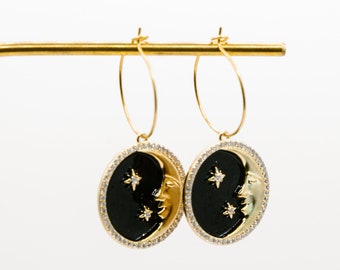 Roselyne earrings: hoops, stainless steel, moon, black, gold, golden