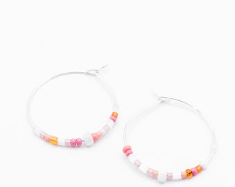 Anita earrings: creoles, stainless steel, silver, pink, orange pearls