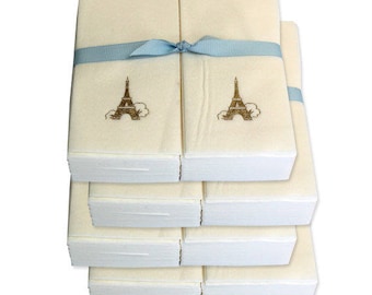 Nature's Linen Disposable Guest Hand Towels Wrapped with a Ribbon - Embossed with an Eiffel Tower