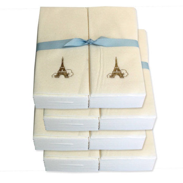 Nature's Linen Disposable Guest Hand Towels Wrapped with a Ribbon - Embossed with an Eiffel Tower