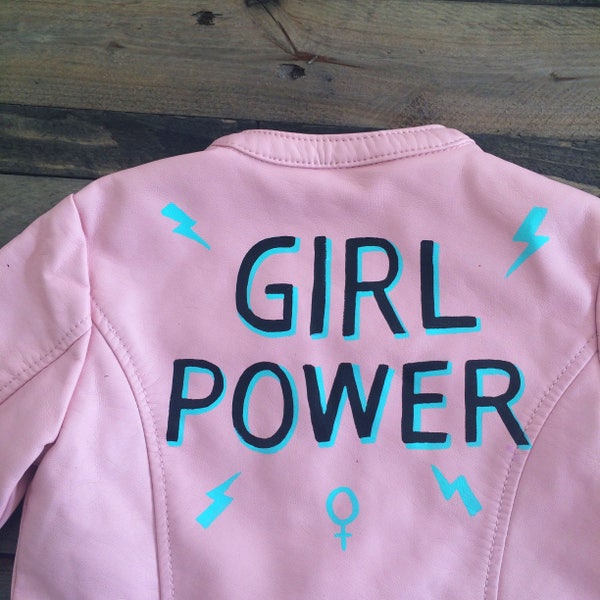 Girl Power Kid's Hand Painted Biker Jacket Faux Leather Pink Ready to Ship