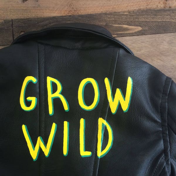 Grow Wild Kid's Hand Painted Biker Jacket Faux Leather Glitter Ready to Ship
