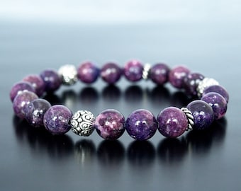 Bracciale in vera lepidolite, pietra preziosa naturale di lepidolite viola, cristalloterapia, protezione, equilibrio emotivo, energia positiva anti-ansia
