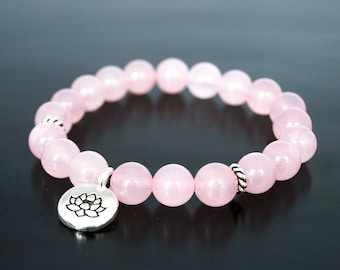 Rose Pink Quartz Bracelet, Genuine light pink quartz bead, Lotus Charm, Crystal Healing, Love Attraction Friendship, Calming, Fertility