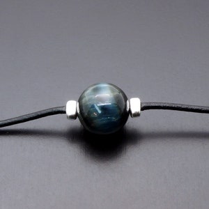 12mm Genuine Hawk&#39;s Eye Tiger’s Eye Leather Necklace, Blue Tiger Eye necklace unisex, Focus Success Protection Willpower Motivation necklace