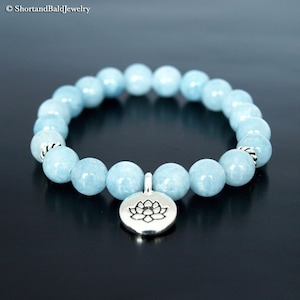 AAA Genuine Aquamarine Bracelet, Light blue Aquamarine gemstone, Lotus Charm, Crystal Healing, Soothing Relaxing Calming, Fertility bracelet image 1