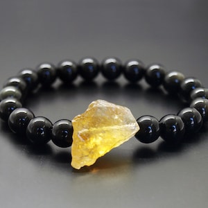 Black Obsidian Bracelet, Genuine Natural 8mm Obsidian, Natural Citrine, Nugget, Crystal Protection, Protection Men&#39;s Bracelet, Healing
