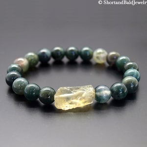 Genuine Green Moss Agate Bracelet, Yellow Citrine Crystal Nugget, Crystal Healing, Fertility Bracelet, Abundance, Creativity, Confidence