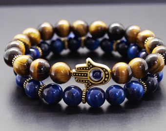 AAA Genuine Tiger Eye Bracelet, Natural Yellow Tiger's eye, Hamsa Hand Bracelet, Tiger Eye Evil Eye Bracelet, Blue Evil Eye, Crystal Healing