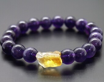 Genuine purple Amethyst Bracelet, Natural Yellow Citrine Nugget, Crystal stone Healing, Relaxing Calming, Balance Positivity, Anti Anxiety