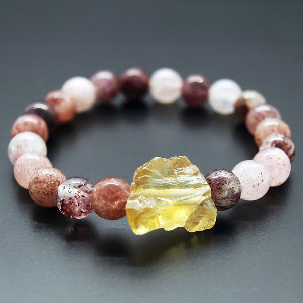 Genuine Strawberry Pink Quartz Bracelet, Natural Yellow Citrine Nugget, Crystal Healing, Love Attraction, Friendship, Calming, Fertility