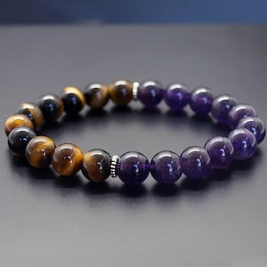 AAA Genuine Tiger Eye Bracelet, Purple Amethyst, Yellow Tiger&#39;s eye, Protection Willpower, Confidence, Motivation, Focus Goal, Protection