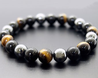 Drievoudige beschermingsarmband, hematiet zwarte obsidiaan tijgeroog armband, kristalbescherming genezing, zwartgeel, bescherming herenarmband