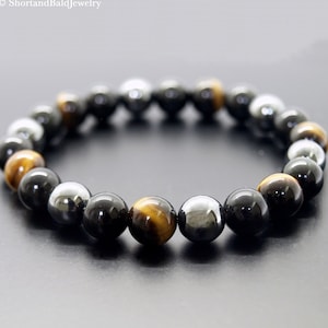 Triple Protection Bracelet, Hematite Black Obsidian Tiger Eye Bracelet, Crystal Protection Healing, Black Yellow, Protection Men&#39;s Bracelet