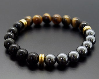 Drievoudige beschermingsarmband, hematiet zwarte obsidiaan tijgeroog armband, kristalbescherming genezing, zwartgeel, bescherming herenarmband