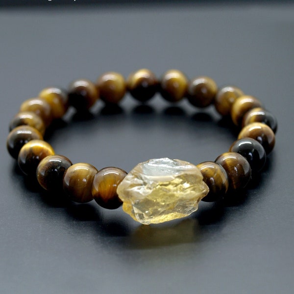 AAA Bracelet authentique en œil de tigre, bracelet pépite de citrine, œil de tigre brun jaune naturel, guérison par le cristal, protection Confiance Volonté
