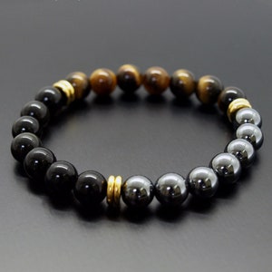 Bracciale tripla protezione, braccialetto occhio di tigre ematite ossidiana nera, protezione dei cristalli curativi, nero giallo, braccialetto da uomo di protezione