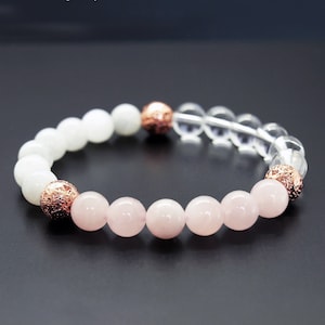 Pulsera de cuarzo rosa, pulsera de piedra lunar blanca, cuarzo cristal de roca transparente, lava rosa, relación amorosa romántica, pulsera de fertilidad