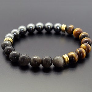 Triple Protection Bracelet, Hematite Silvery Grey Obsidian Tiger Eye Bracelet, Crystal Protection Healing, Protection Men&#39;s Bracelet