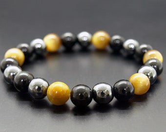 Drievoudige beschermingsarmband, hematiet zwarte obsidiaan tijgeroog armband, kristalbescherming genezing, zwartgeel, bescherming herenarmband