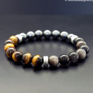 Triple Protection Bracelet, Hematite Silvery Grey Obsidian Tiger Eye Bracelet, Crystal Protection Healing, Protection Men's Bracelet