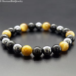 Triple Protection Bracelet, Hematite Black Obsidian Tiger Eye Bracelet, Crystal Protection Healing, Black Yellow, Protection Men&#39;s Bracelet