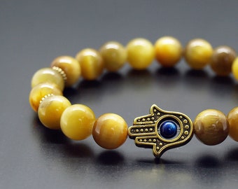 AAA Genuine Tiger Eye Bracelet, Natural Golden Yellow Tiger's eye, Hamsa Hand Bracelet, Tiger Eye Blue Evil Eye Bracelet, Crystal Healing