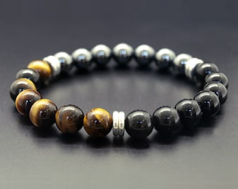 Drievoudige beschermingsarmband, hematiet zwarte obsidiaan tijgeroog armband, kristalbescherming genezing, zwartgeel, bescherming herenarmband