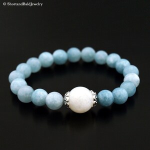 Pulsera auténtica de piedra lunar y aguamarina, 12 mm de piedra lunar natural, 8 mm de aguamarina azul. Pulsera de fertilidad, energía positiva, equilibrio hormonal.