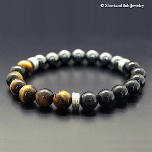 Triple Protection Bracelet, Hematite Black Obsidian Tiger Eye Bracelet, Crystal Protection Healing, Black Yellow, Protection Men&#39;s Bracelet