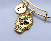 Skull heart eyes, Sugar skull, heart eyes skull, Calavera bracelet, Calavera bangle, Expandable bangle, Personalized bracelet, Charm bangle
