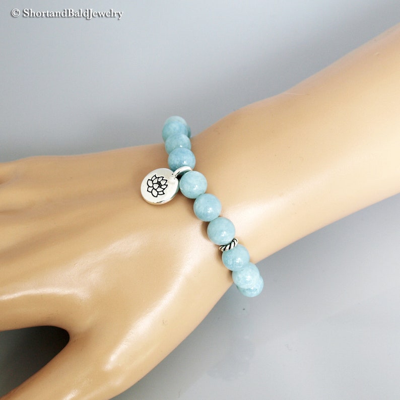 AAA Genuine Aquamarine Bracelet, Light blue Aquamarine gemstone, Lotus Charm, Crystal Healing, Soothing Relaxing Calming, Fertility bracelet image 5