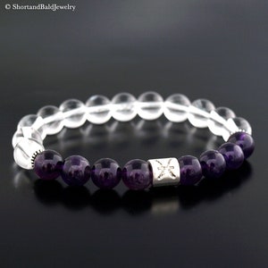Pisces Zodiac Bracelet, Genuine dark Purple Amethyst, AAA Genuine Rock crystal quartz, Pisces Birthstone Gemstone, Amethyst birthday gift