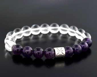 Pulsera del signo zodiacal Piscis, amatista púrpura oscura auténtica, cuarzo cristal de roca auténtico AAA, piedra natal de Piscis, regalo de cumpleaños de amatista