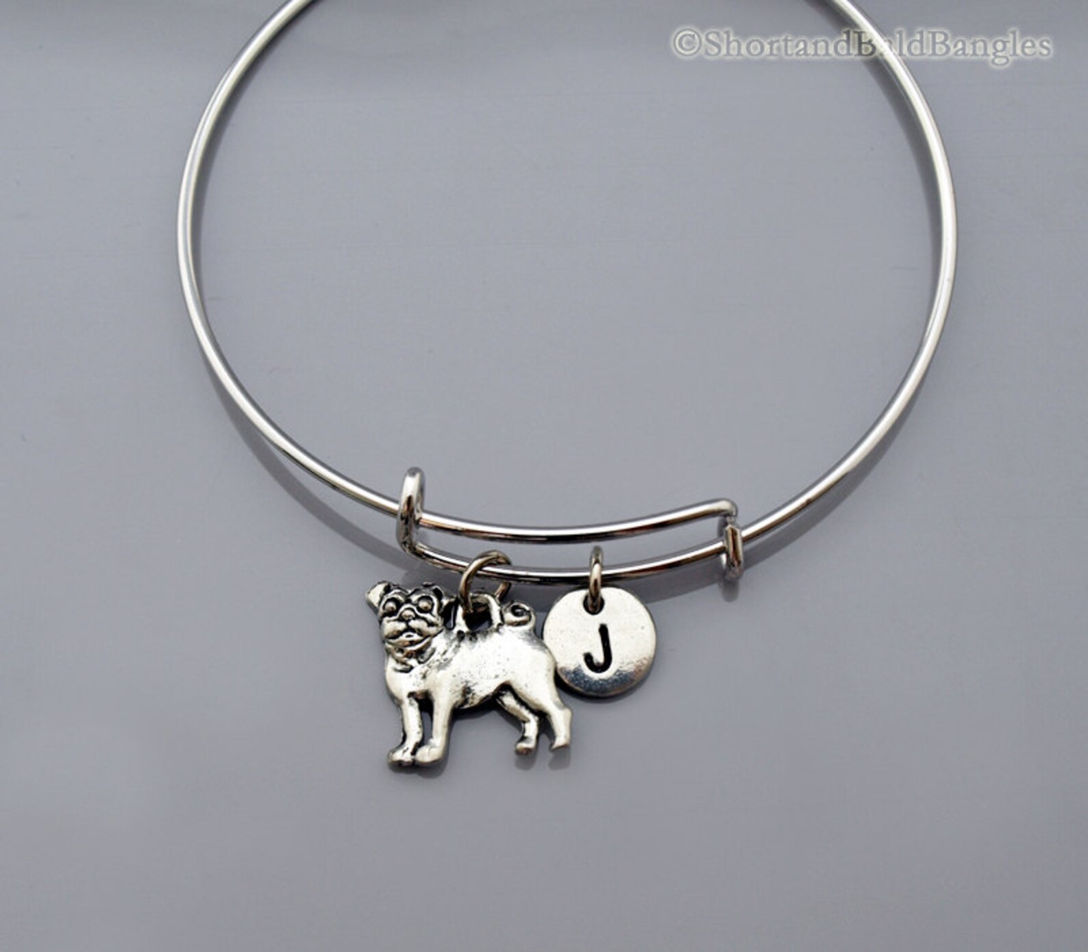 Pug Charm Bangle Pug Bracelet Pug Dog Charm Silver Pug Etsy