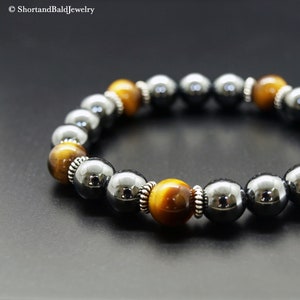 Hematite Tiger Eye Bracelet, Tiger&#39;s eye bracelet, Crystal Protection Healing, Black Yellow, Protection Men&#39;s Bracelet, Willpower bracelet