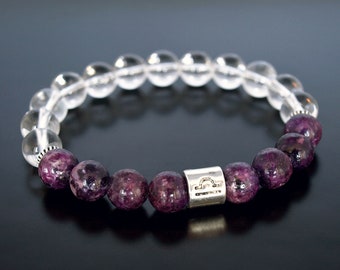 Armband Weegschaal dierenriem, echte paarse lepidolietsteen, AAA echt helder bergkristalkwarts, geboortesteen Weegschaal, cadeau Weegschaalkristal