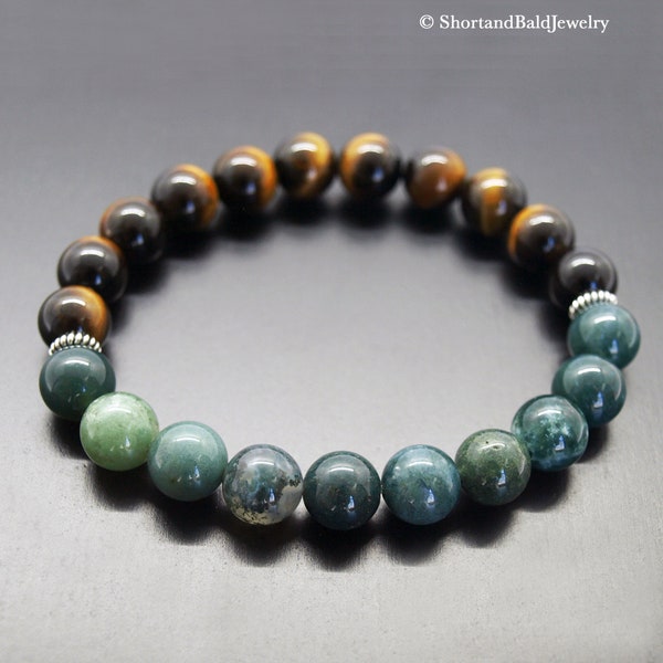 AAA Genuine Tiger Eye Bracelet, Green Moss Agate, Tiger's eye, Crystal Healing, Protection Willpower, Confidence, Fertility, Abundance