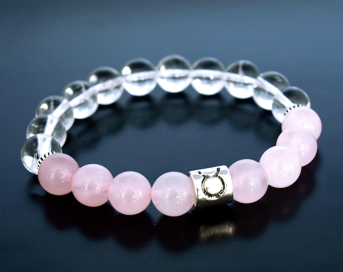 Taurus Zodiac Bracelet, Genuine Rose Pink Quartz AAA, Genuine Rock crystal quartz, Taurus Birthstone Gemstone, Taurus birthday gift