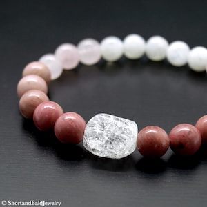 Pink Rhodonite Bracelet, Pink Rose Quartz bracelet, White Moonstone, White Quartz nugget, Romantic love relationship, Fertility bracelet