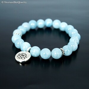 AAA Genuine Aquamarine Bracelet, Light blue Aquamarine gemstone, Lotus Charm, Crystal Healing, Soothing Relaxing Calming, Fertility bracelet image 2