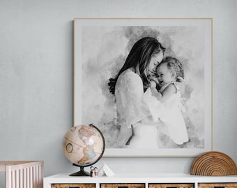 Personalized Mom and Baby Ink Portrait Art: Custom Family Painting