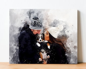 Personalized dog portrait photo for anniversary gift for couples, custom digital family pet portrait painting from photo, memorial gift dog