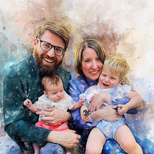 individuelles Familienportrait in Aquarell, einzigartiges Papa-Geschenk, Geschenk für Ehemann, Mama-Geschenke von Kindern, Bild zu Portrait, Heimdekorateur-Geschenke