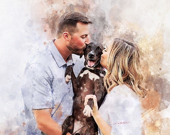 pet family portrait, dog dad present, portrait with dogs, Gift for husband, photo into painting, extra-large wall art, couple with dogs