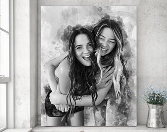 best friend birthday gifts, BFF Gifts for Girls, Watercolor Portrait, custom charcoal drawing, Present for Girlfriend, Sisters Gift, Besties