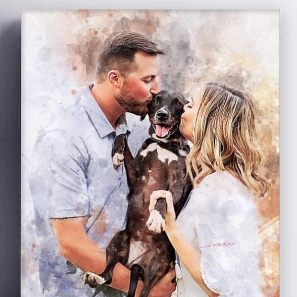 watercolor painting from photo, custom dog portrait watercolor, couple with dog, personalized gift idea, canvas art for sale, pet with owner