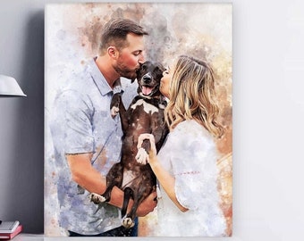 Custom Digital Pet Portrait from Photo, Personalized Art Wall Art Ideas, Gift for Him, Turn Pet with Owner Photos into Canvas art